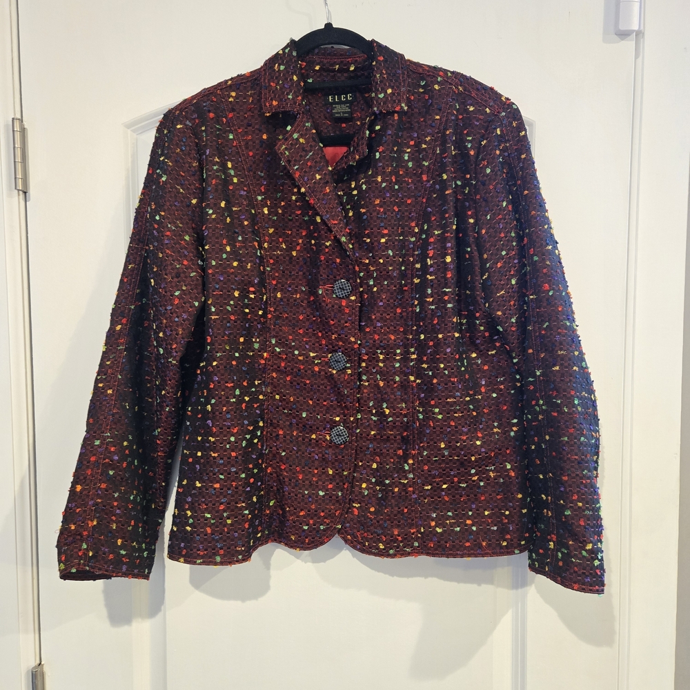 ELCC Vintage Rainbow Confetti Tweed Blazer Jacket | Multi-Color Boucle | Size L
